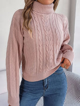 Women's Cable Knit Sweater with Turtleneck Long Sleeves Relaxed Drop Shoulder Style