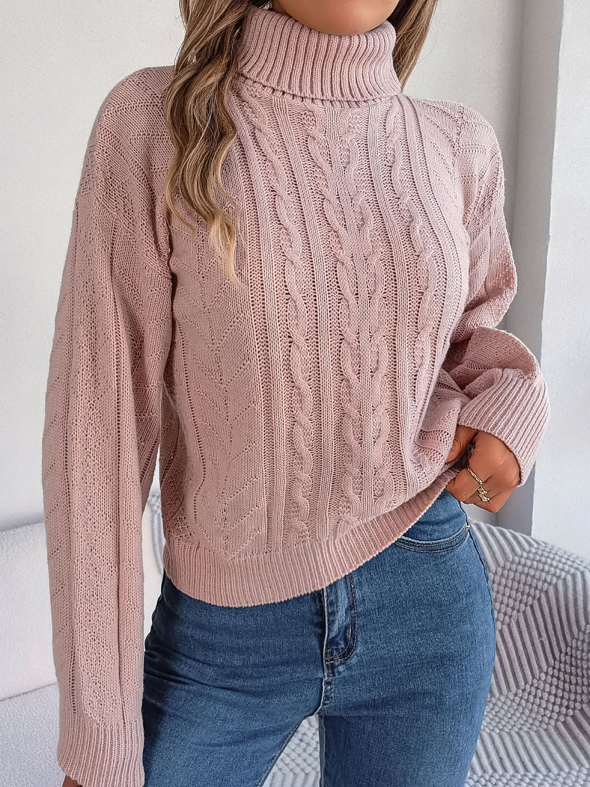 Women's Cable Knit Sweater with Turtleneck Long Sleeves Relaxed Drop Shoulder Style