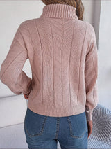 Women's Cable Knit Sweater with Turtleneck Long Sleeves Relaxed Drop Shoulder Style