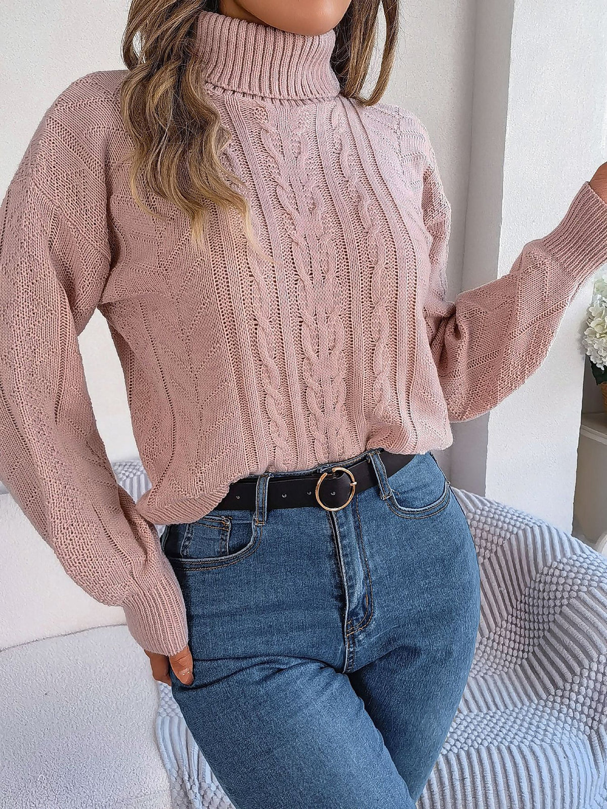 Women's Cable Knit Sweater with Turtleneck Long Sleeves Relaxed Drop Shoulder Style