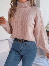 Women's Cable Knit Sweater with Turtleneck Long Sleeves Relaxed Drop Shoulder Style