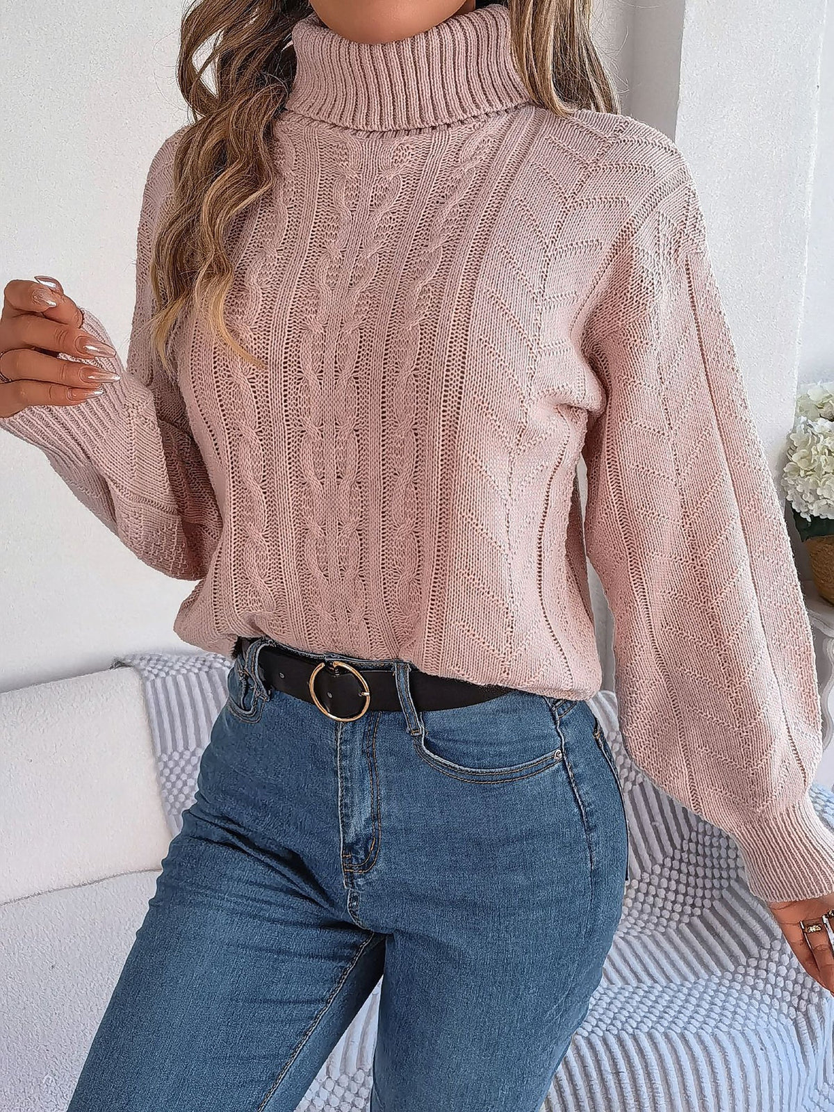 Women's Cable Knit Sweater with Turtleneck Long Sleeves Relaxed Drop Shoulder Style