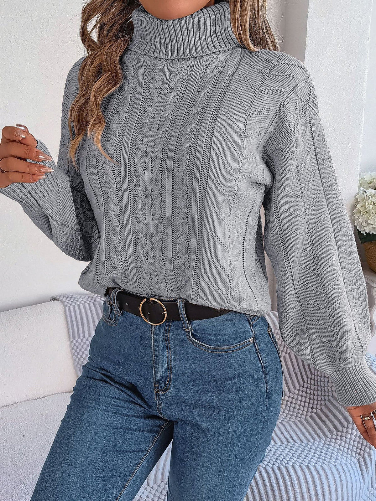 Women's Cable Knit Sweater with Turtleneck Long Sleeves Relaxed Drop Shoulder Style