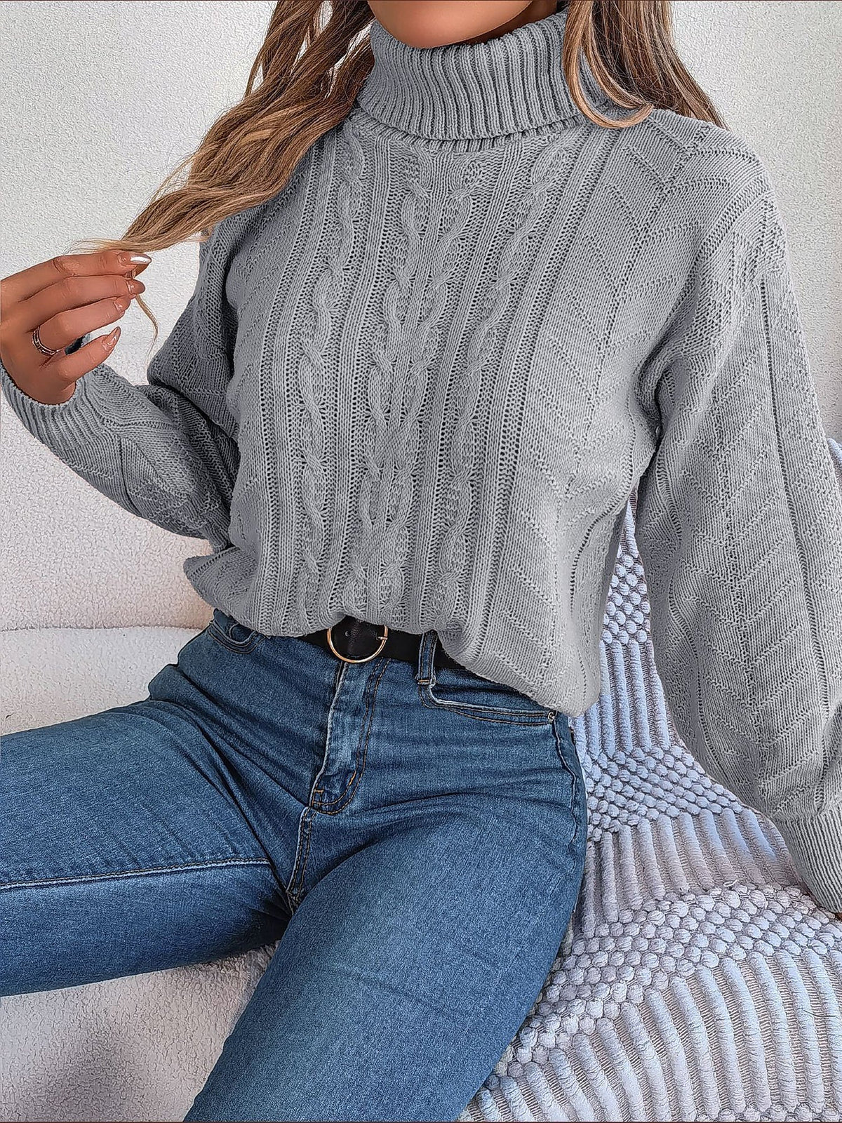 Women's Cable Knit Sweater with Turtleneck Long Sleeves Relaxed Drop Shoulder Style