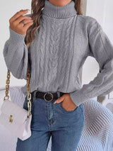Women's Cable Knit Sweater with Turtleneck Long Sleeves Relaxed Drop Shoulder Style