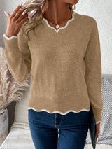 Women's Notch V-Neck Knit Sweater with Long Sleeves Contrast Trim Relaxed Style