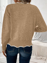 Women's Notch V-Neck Knit Sweater with Long Sleeves Contrast Trim Relaxed Style
