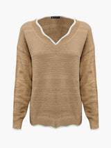 Women's Notch V-Neck Knit Sweater with Long Sleeves Contrast Trim Relaxed Style