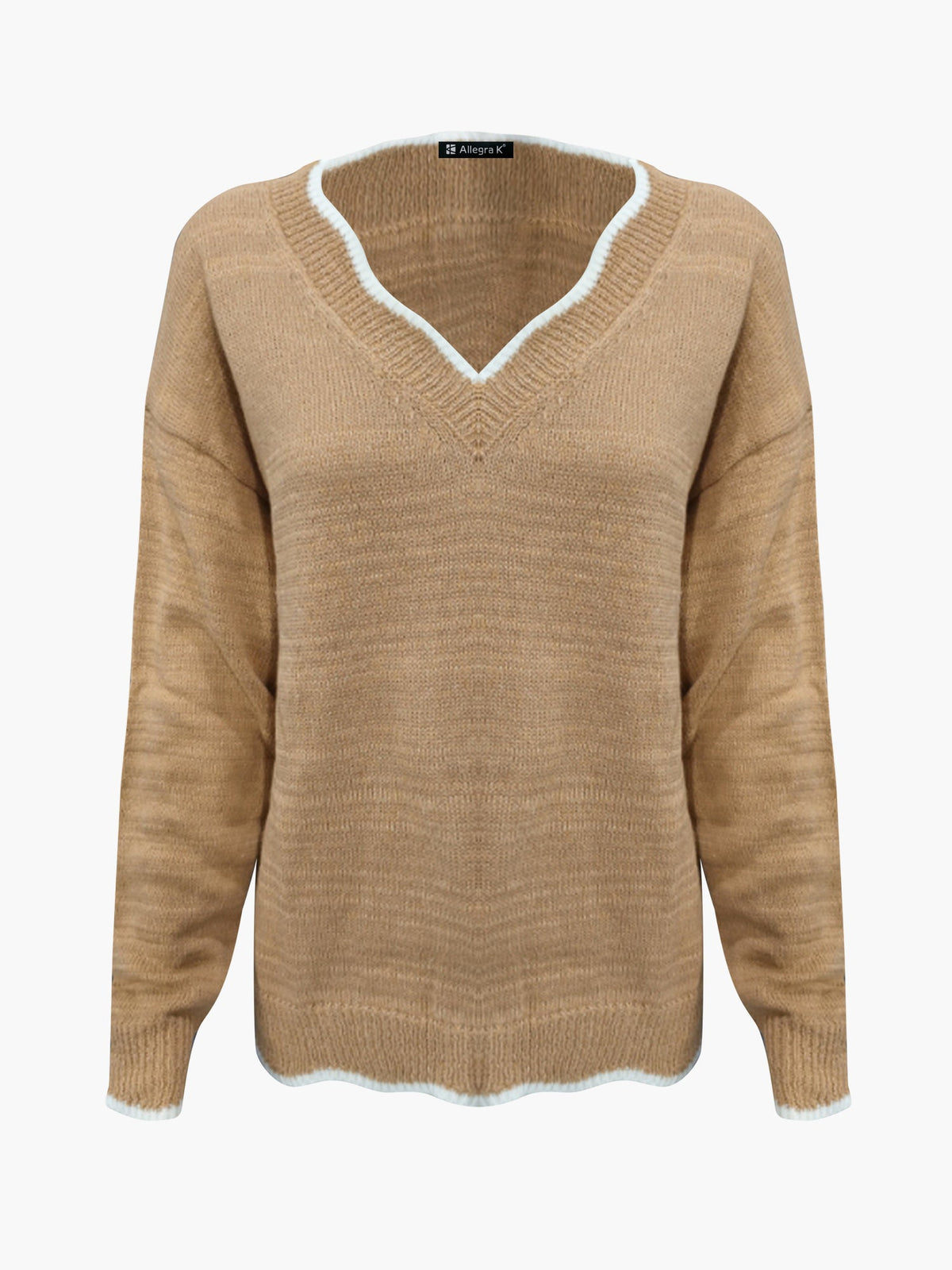 Women's Notch V-Neck Knit Sweater with Long Sleeves Contrast Trim Relaxed Style