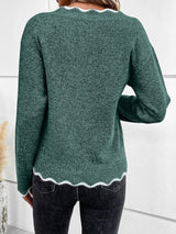 Women's Notch V-Neck Knit Sweater with Long Sleeves Contrast Trim Relaxed Style