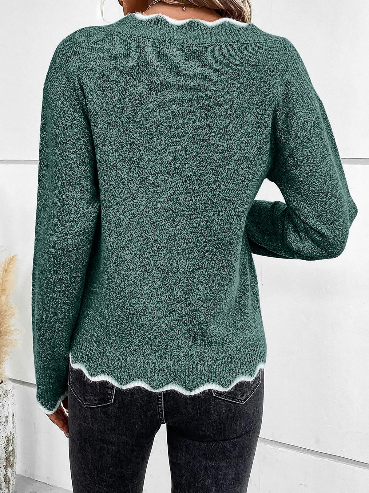 Women's Notch V-Neck Knit Sweater with Long Sleeves Contrast Trim Relaxed Style