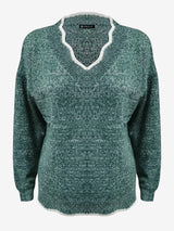 Women's Notch V-Neck Knit Sweater with Long Sleeves Contrast Trim Relaxed Style