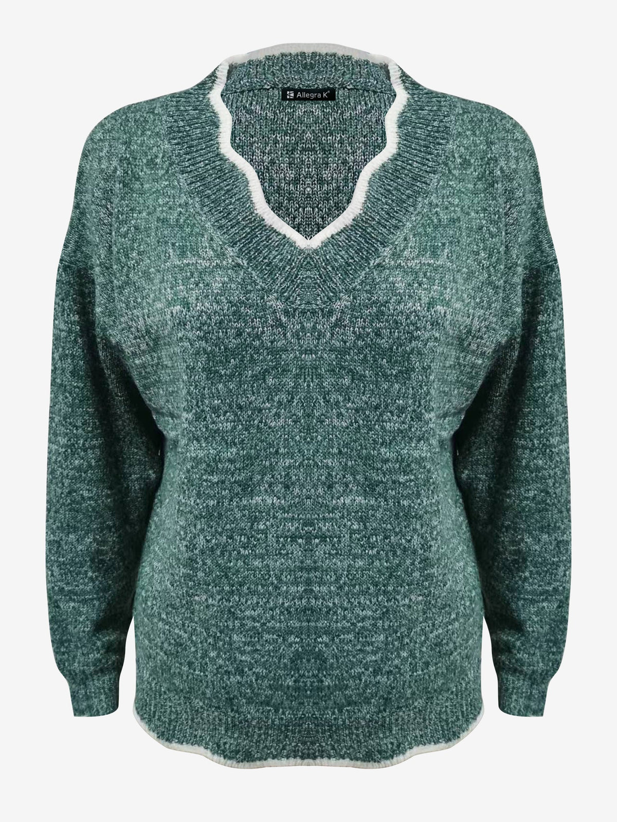 Women's Notch V-Neck Knit Sweater with Long Sleeves Contrast Trim Relaxed Style