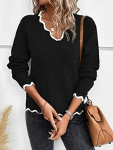 Women's Notch V-Neck Knit Sweater with Long Sleeves Contrast Trim Relaxed Style