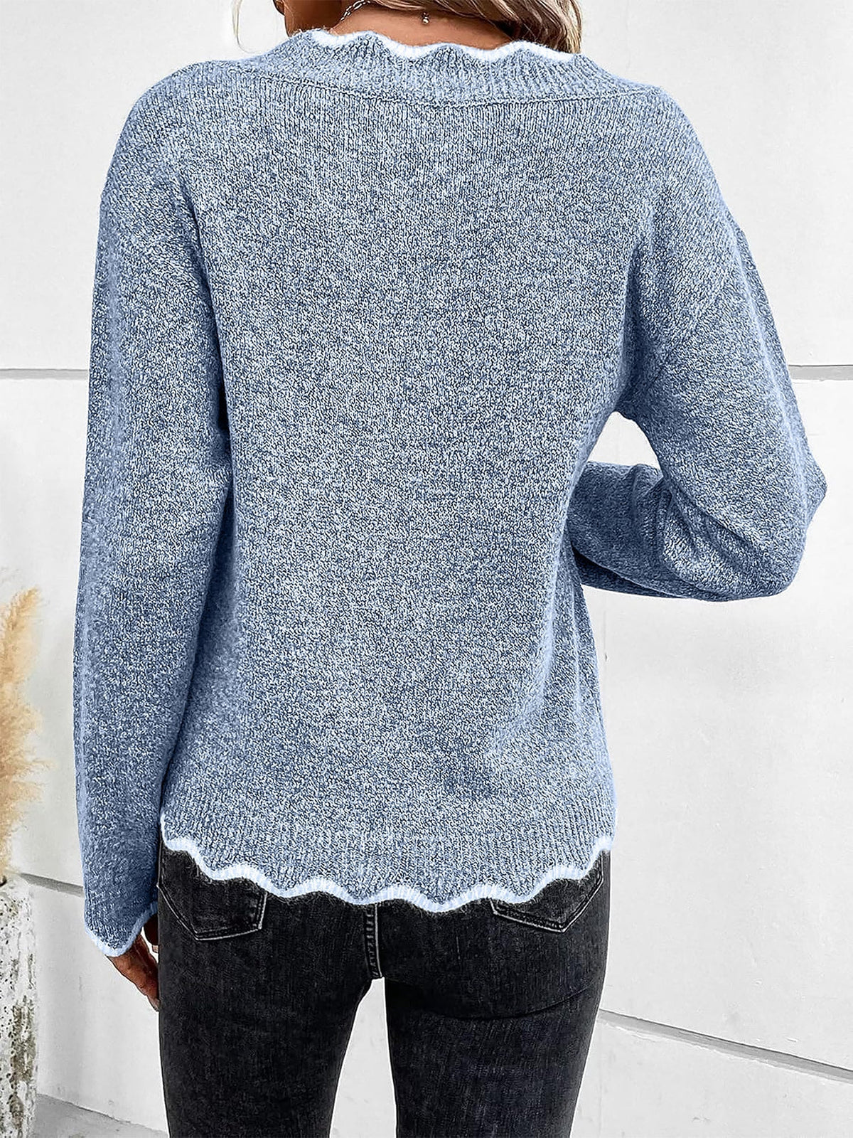 Women's Notch V-Neck Knit Sweater with Long Sleeves Contrast Trim Relaxed Style
