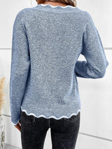 Women's Notch V-Neck Knit Sweater with Long Sleeves Contrast Trim Relaxed Style