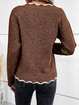 Women's Notch V-Neck Knit Sweater with Long Sleeves Contrast Trim Relaxed Style