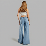 Women's Light Blue Wide Leg Jeans with High Waist, Mesh Lace Slits and Pearl Embellishments