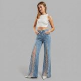 Women's Light Blue Wide Leg Jeans with High Waist, Mesh Lace Slits and Pearl Embellishments