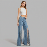 Women's Light Blue Wide Leg Jeans with High Waist, Mesh Lace Slits and Pearl Embellishments