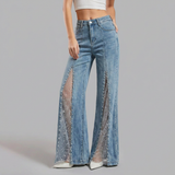 Women's Light Blue Wide Leg Jeans with High Waist, Mesh Lace Slits and Pearl Embellishments
