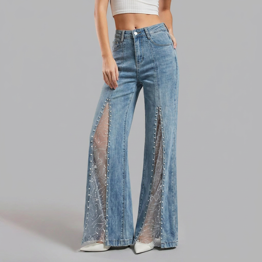 Women's Light Blue Wide Leg Jeans with High Waist, Mesh Lace Slits and Pearl Embellishments