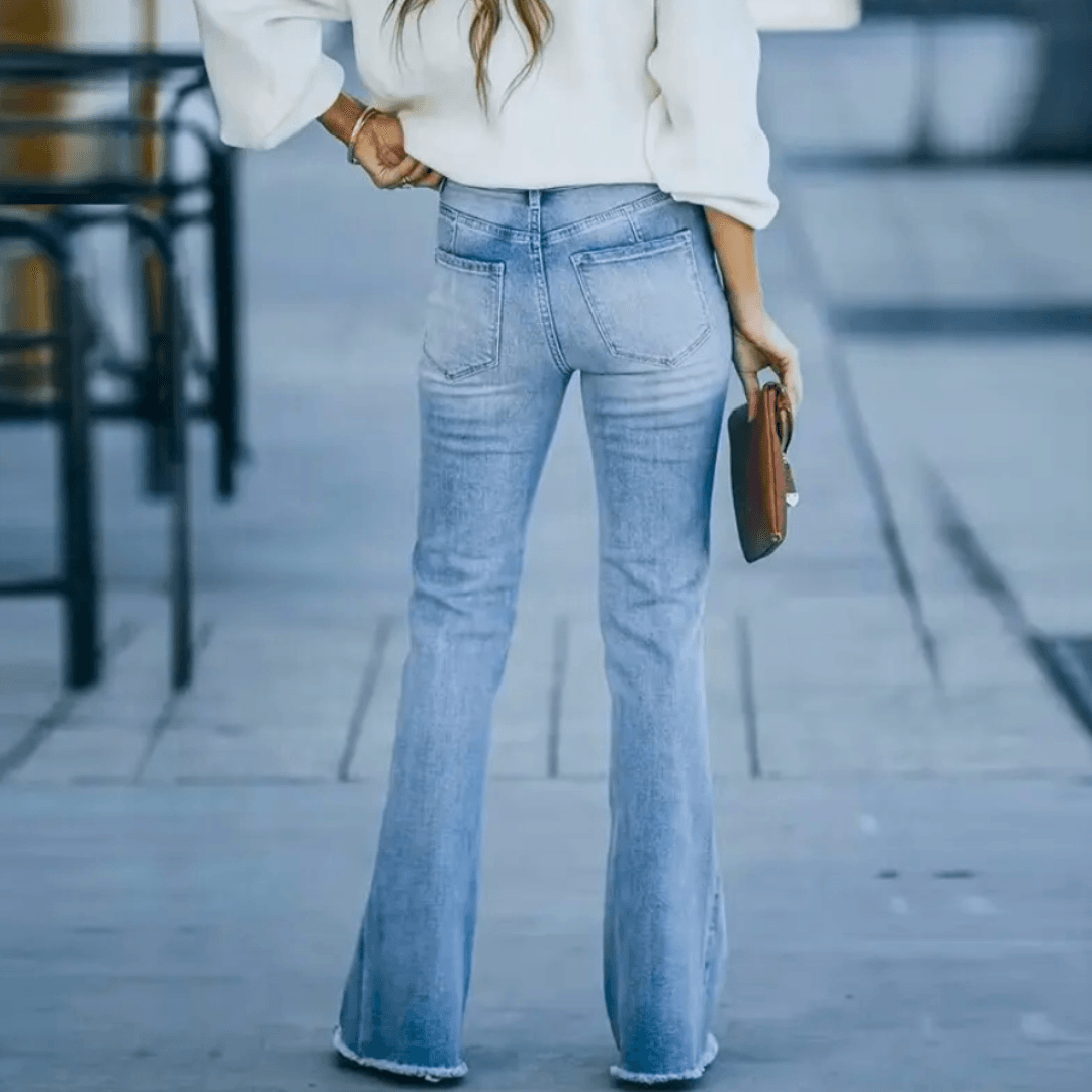 Women's Blue Vintage Wash Flare Jeans with High Waist, Fitted Thigh and Raw Hem