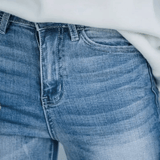 Women's Blue Vintage Wash Flare Jeans with High Waist, Fitted Thigh and Raw Hem