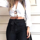 Women's Black High Waist Flare Jeans with Self-Tie Belt, Wide Leg and Stretch Denim