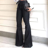 Women's Black High Waist Flare Jeans with Self-Tie Belt, Wide Leg and Stretch Denim