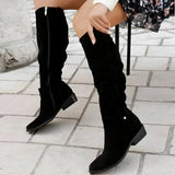 Women's Slouchy Faux Suede Knee High Boots with Pointed Toe, Block Heel and Buckle Strap