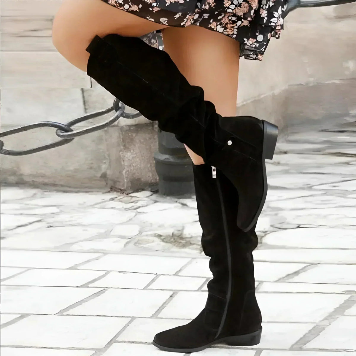 Women's Slouchy Faux Suede Knee High Boots with Pointed Toe, Block Heel and Buckle Strap