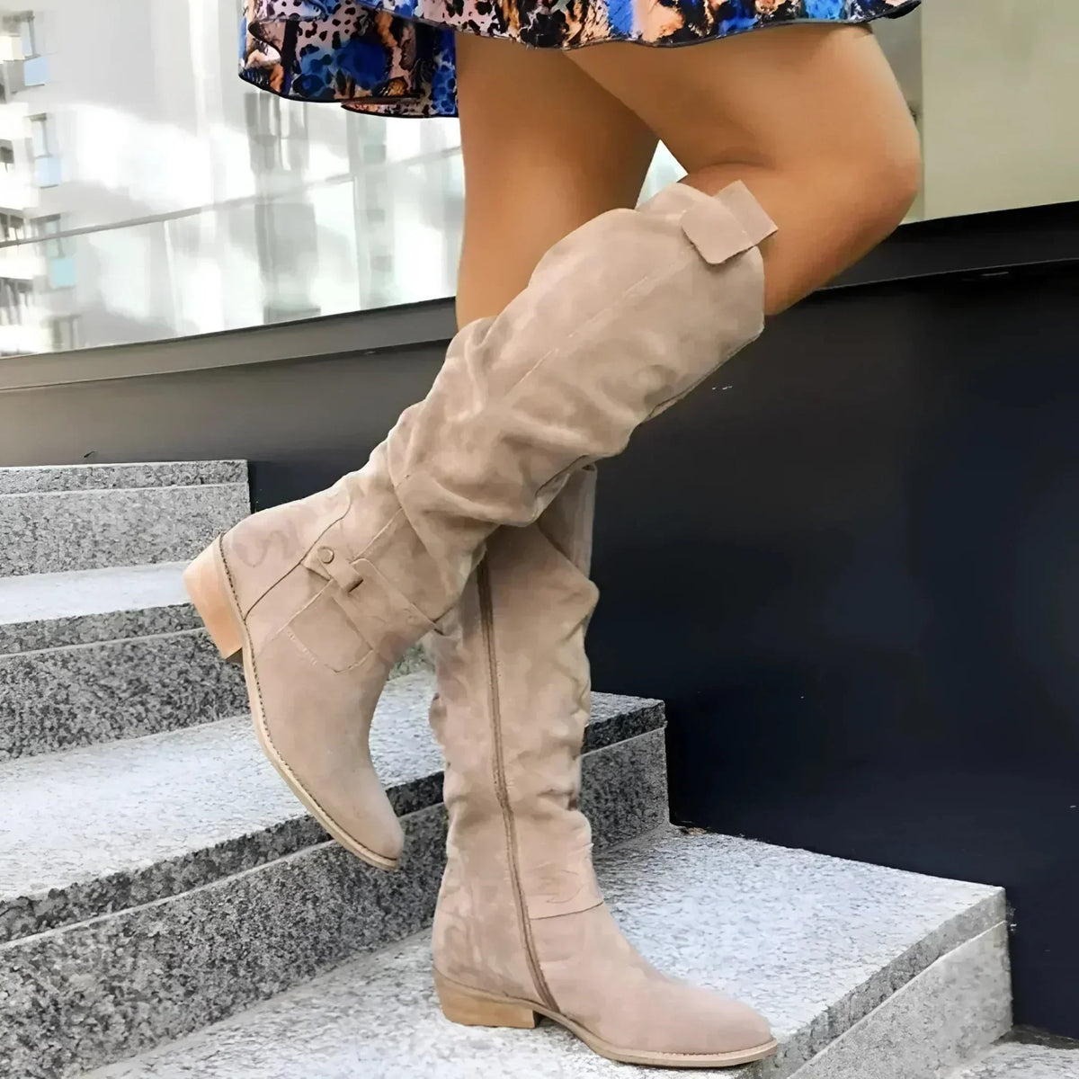 Women's Slouchy Faux Suede Knee High Boots with Pointed Toe, Block Heel and Buckle Strap